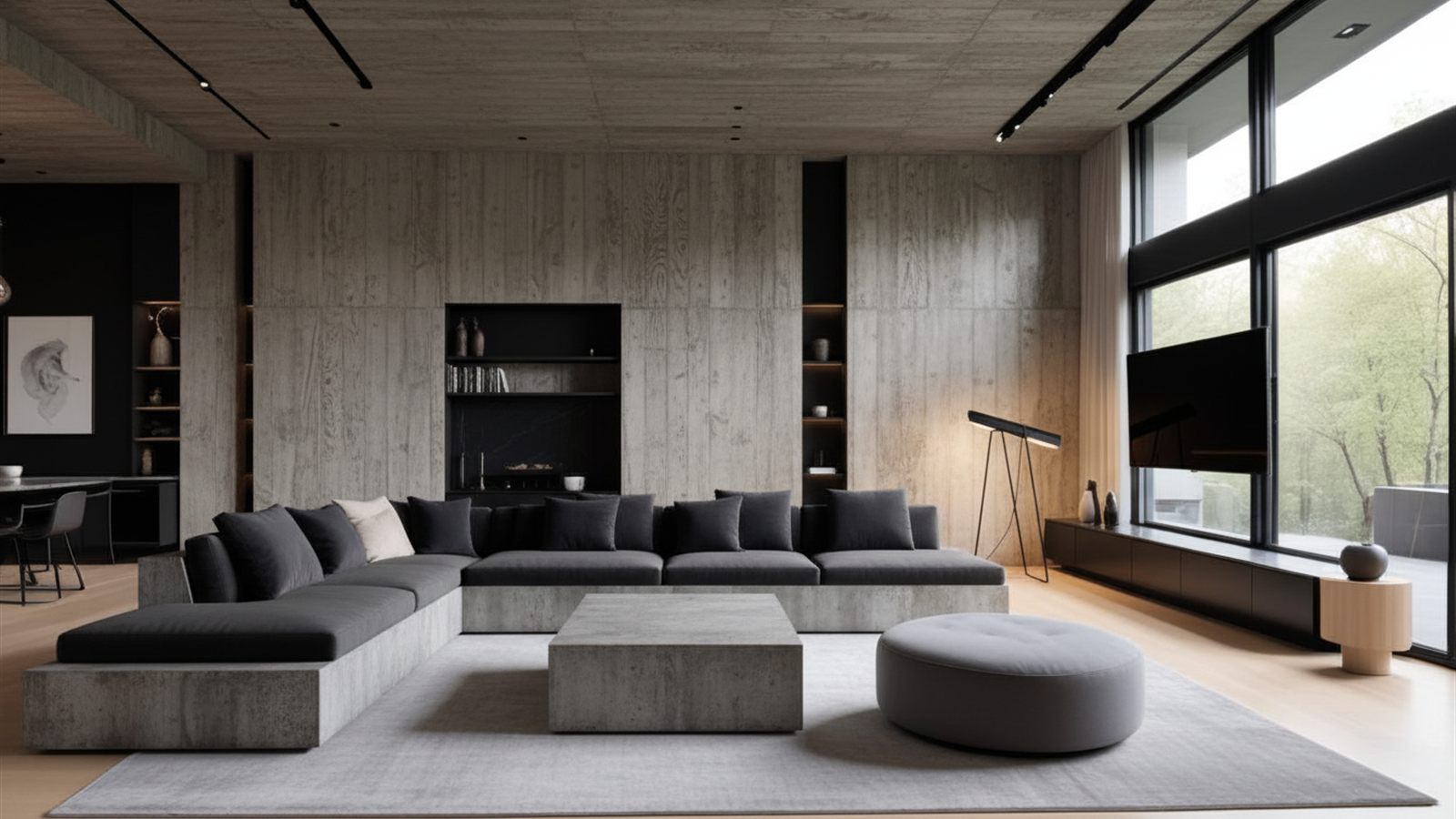 A mesma sala em estilo brutalista de concreto