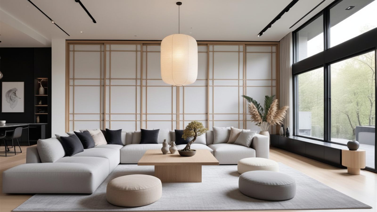 A mesma sala em estilo japandi