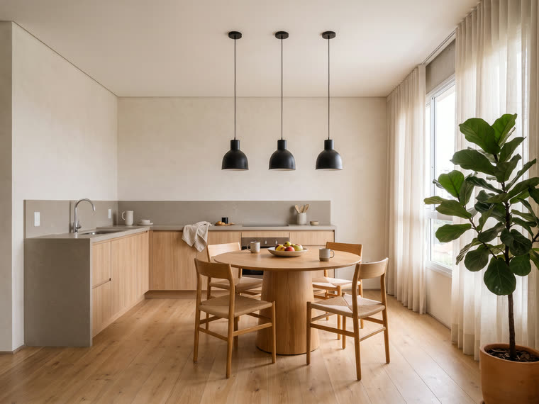 Cozinha entregue, com o trio de pendentes sobre a mesa